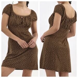 No Boundaries Mesh Brown Pink Ditsy Floral Babydoll Puff Sleeve Mini Dress Sz L